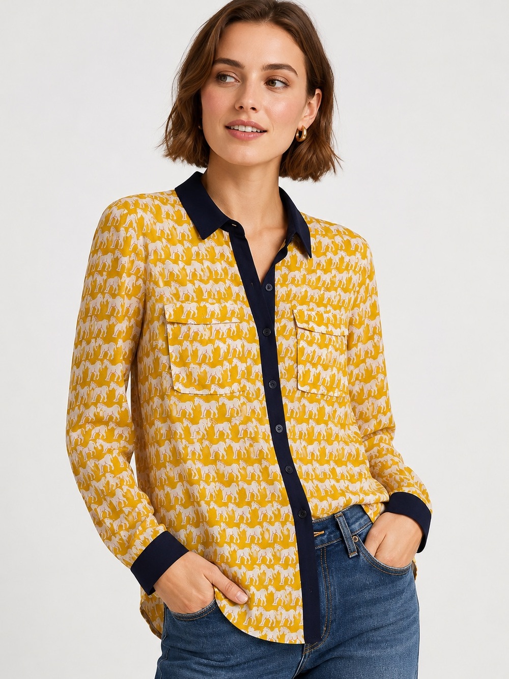 Maeve Anthropologie Horse Print Button-Up Blouse | Mustard Yellow | Size 4